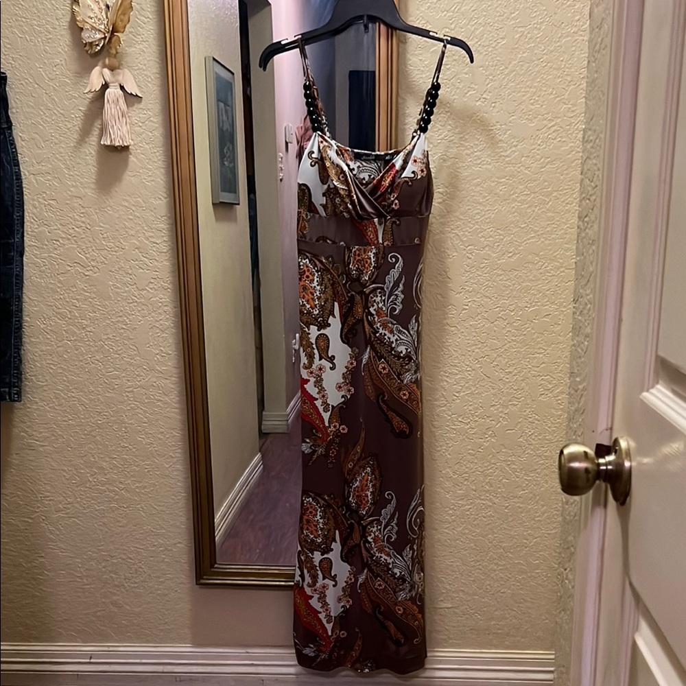 Essentials Brown and White Spaghetti Strap Maxi Dress